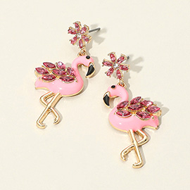 Floral Crystal Embellished Enamel Flamingo Dangle Earrings