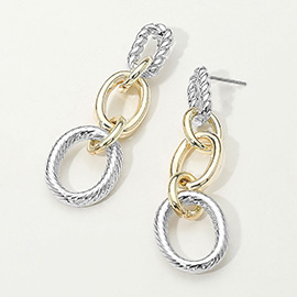 14K Gold Plated Two Tone Textured Link Drop Earrings