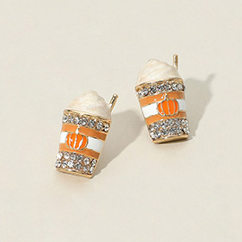 Rhinestone Studded Pumpkin Drink Stud Earrings