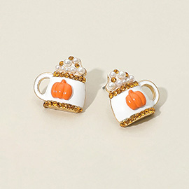 Fall Pumpkin Drink Mug Stud Earrings