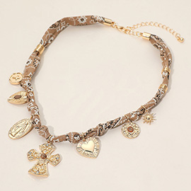 Boho Cross Heart Religious Charm Fabric Braided Necklace