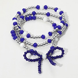 3PCS - Sports Team Theme Colored Bow Accent Faceted Beaded Stretch Multi Layered Bracelets