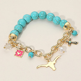 SECRET BOX_Western Steerhead Cross Heart Pearl Charm Beaded Stretch Bracelet