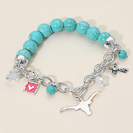 SECRET BOX_Western Steerhead Cross Heart Pearl Charm Beaded Stretch Bracelet