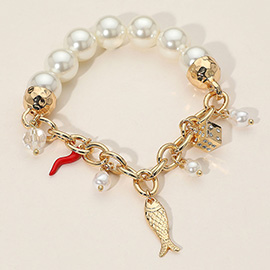 SECRET BOX_Fish Dice Chili Charm Pearl Beaded Stretch Bracelet