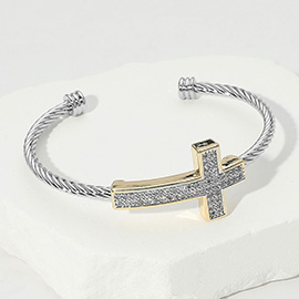 CZ Stone Paved Cross Accent Two Tone Cuff Bracelet