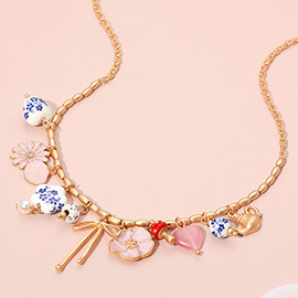 Floral Bow Floral Ceramic Ball Pearl Charm Station Necklace