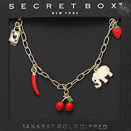 SECET BOX_14K Gold Dipped Cherry Elephant Chili Strawberry Lock Charm Station Paperclip Chain Necklace