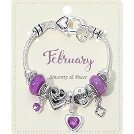 February - Birthstone Heart Charm Multi Beaded Bracelet