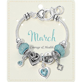 March - Birthstone Heart Charm Multi Beaded Bracelet