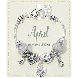 April - Birthstone Heart Charm Multi Beaded Bracelet