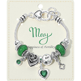 May - Birthstone Heart Charm Multi Beaded Bracelet