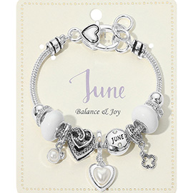 June - Birthstone Heart Charm Multi Beaded Bracelet