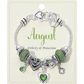 August - Birthstone Heart Charm Multi Beaded Bracelet