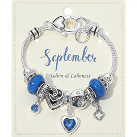 September - Birthstone Heart Charm Multi Beaded Bracelet