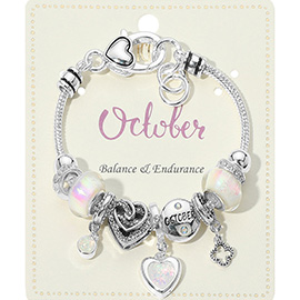October - Birthstone Heart Charm Multi Beaded Bracelet