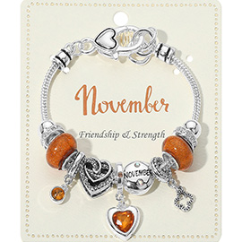 November - Birthstone Heart Charm Multi Beaded Bracelet