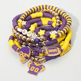 7PCS - Football Charm Star GAME DAY Message Heishi Beaded Stretch Multi Layered Bracelets