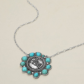 Turquoise Stone Accent Boho Western Horse Embossed Coin Pendant Necklace