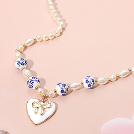 Bow Heart Pendant Accent Floral Ceramic Ball Pearl Beaded Necklace