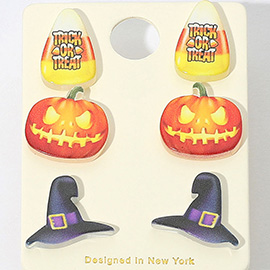 3Pairs - Halloween Candy Corn Pumpkin Witch Hat Stud Earring Set