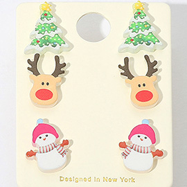 3Pairs - Christmas Tree Reindeer Snowman Stud Earring Set
