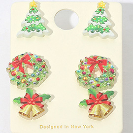3Pairs - Christmas Tree Wreath Bell Stud Earring Set