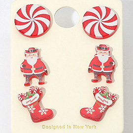 3Pairs - Christmas Peppermint Santa Socks Stud Earring Set