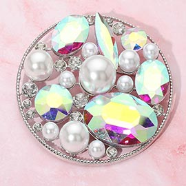 Pearl Stone Cluster Embellished Chunky Round Pin Brooch