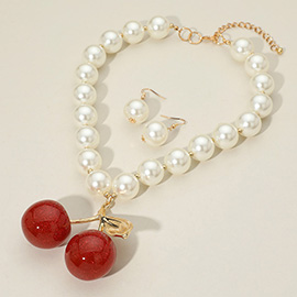 Chunky Cherry Charm Pendant Accent Pearl Beaded Statement Necklace