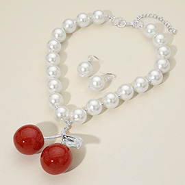 Chunky Cherry Charm Pendant Accent Pearl Beaded Statement Necklace