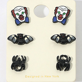 3Pairs - Halloween Clown Bat Spider Stud Earring Set