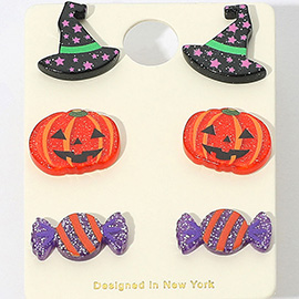 3PCS - Halloween Witch Hat Pumpkin Candy Stud Earring Set