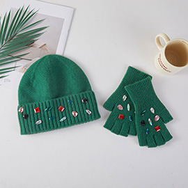 Various Shaped Stone Cluster Embellished Knit Beanie Hat Gloves Set