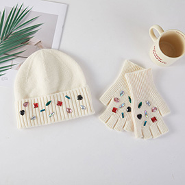 Various Shaped Stone Cluster Embellished Knit Beanie Hat Gloves Set