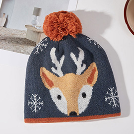 Cozy Reindeer Face Snowflake Pom Pom Beanie Hat