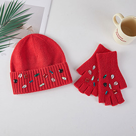 Various Shaped Stone Cluster Embellished Knit Beanie Hat Gloves Set