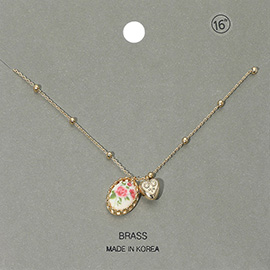 Floral Ceramic Oval Heart Pendant Bead Chain Necklace