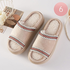 6Pairs - Tribal Pattern Embroidered Plush Home Indoor Floor Slippers
