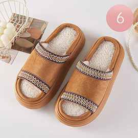 6Pairs - Tribal Pattern Embroidered Plush Home Indoor Floor Slippers