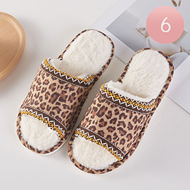 6Pairs - Leopard Plush Home Indoor Floor Slippers