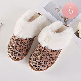 6Pairs - Fuzzy Leopard Plush Home Indoor Floor Slippers