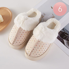 6Pairs - Rhinestone Embellished Fuzzy Plush Home Indoor Floor Slippers