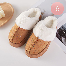 6Pairs - Rhinestone Embellished Fuzzy Plush Home Indoor Floor Slippers