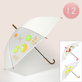 12PCS - Fruit Printed Accent Optic Transparent Wooden Handle Umbrellas