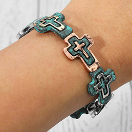 Western Boho Vintage Metal Cross Beaded Stretch Bracelet