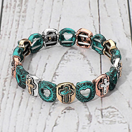 Western Boho Vintage Metal Open Heart Embossed Cross Charm Beaded Stretch Bracelet