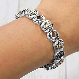 Western Boho Vintage Metal Open Heart Embossed Cross Charm Beaded Stretch Bracelet