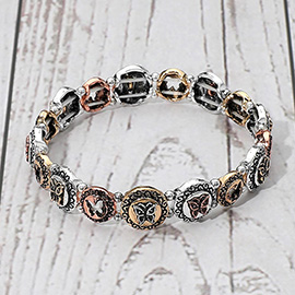 Western Boho Metal Butterfly Embossed Round Charm Beaded Stretch Bracelet