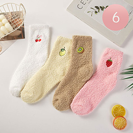 6Pairs - Fuzzy Cozy Fruit Embroidery Accent Winter Socks Set